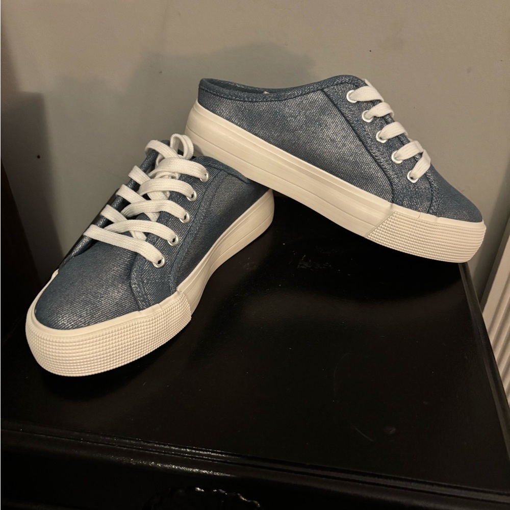 JUSTFAB
Blue Denim Sneakers with White Soles